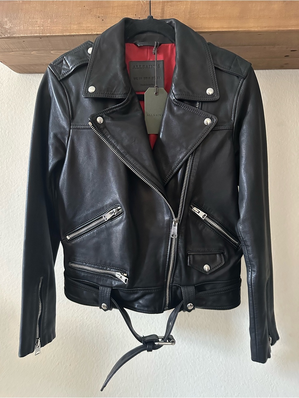 NWT AllSaints Estae Leather Belted Biker Jacket, Black, Silver Hardware, Size 6